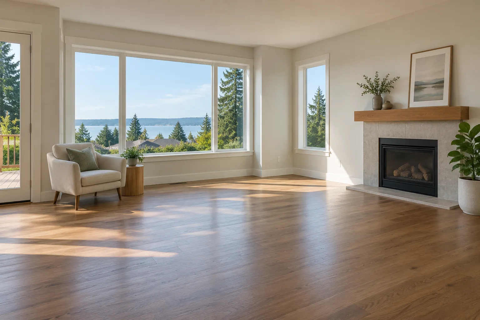 A bright living room with open floor space after furniture removal