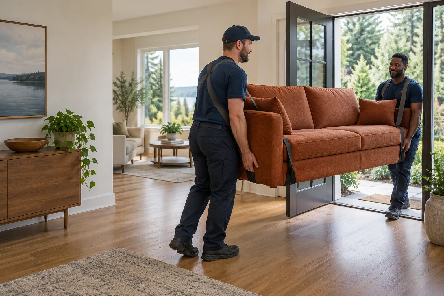 Removal workers carrying a sofa through a home doorway